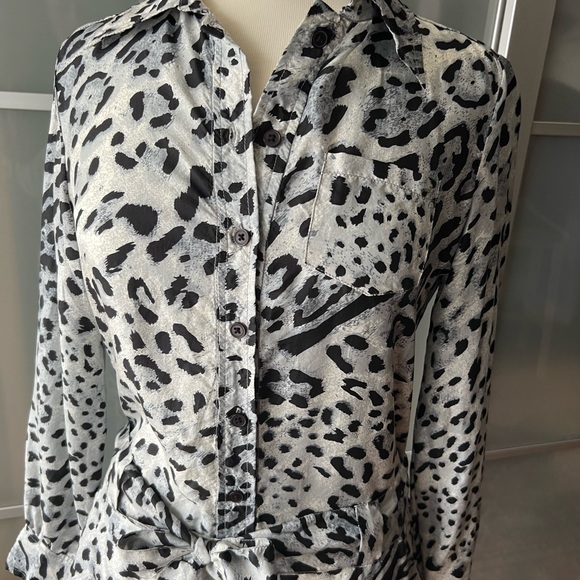 Long Sleeve Silk Snow Leopard Print Dress with Buttoned Top & Eyelash Lace Trim - Picture 7 of 13